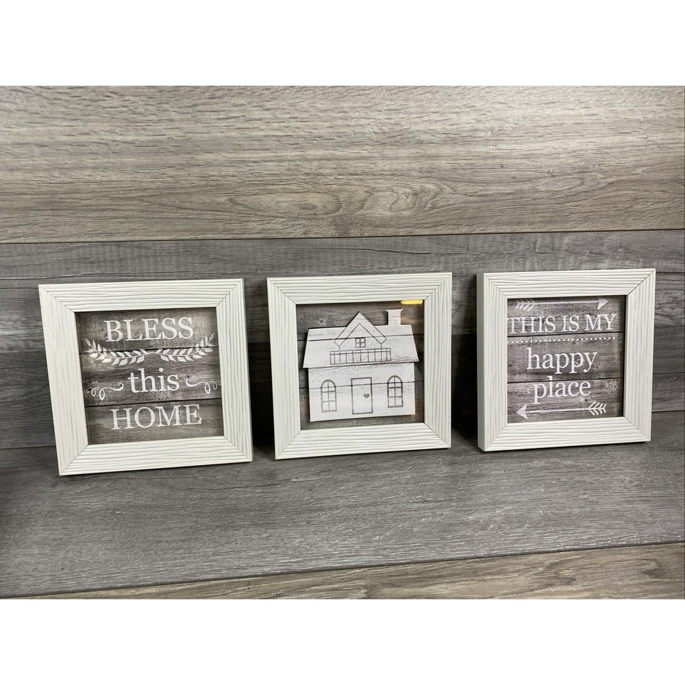 Set of 3 Farm House Framed Wall Plaques Featuring Home Theme Sentiments (BD)